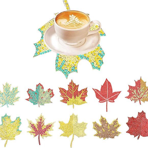 10 Pcs Diamond Art Coasters with Holder, DIY Maple Leaf Diamond Painting Coaster - Picture 1 of 7